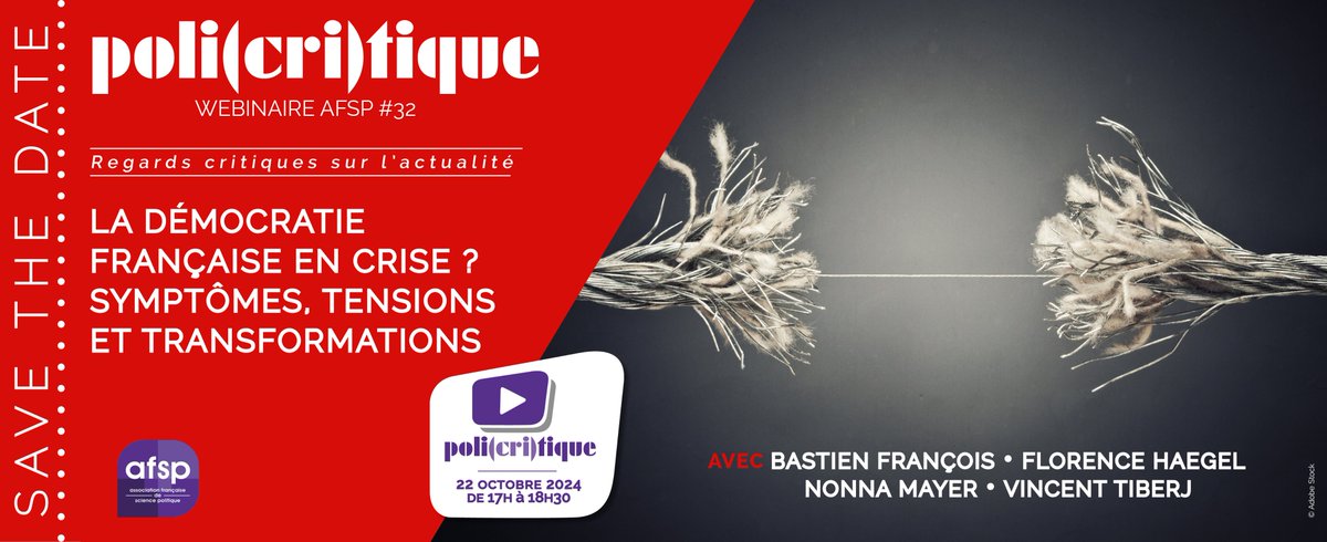 🔴 La démocratie française en crise ? Symptômes, tensions et transformations

👉 WEBINAIRE Poli(cri)tique #32 mardi 22 octobre 2024 de 17h à 18h30 avec Bastien François, Florence Haegel, Nonna Mayer et Vincent Tiberj.

Infos &amp; inscriptions : afsp.info/webinaire-poli…
