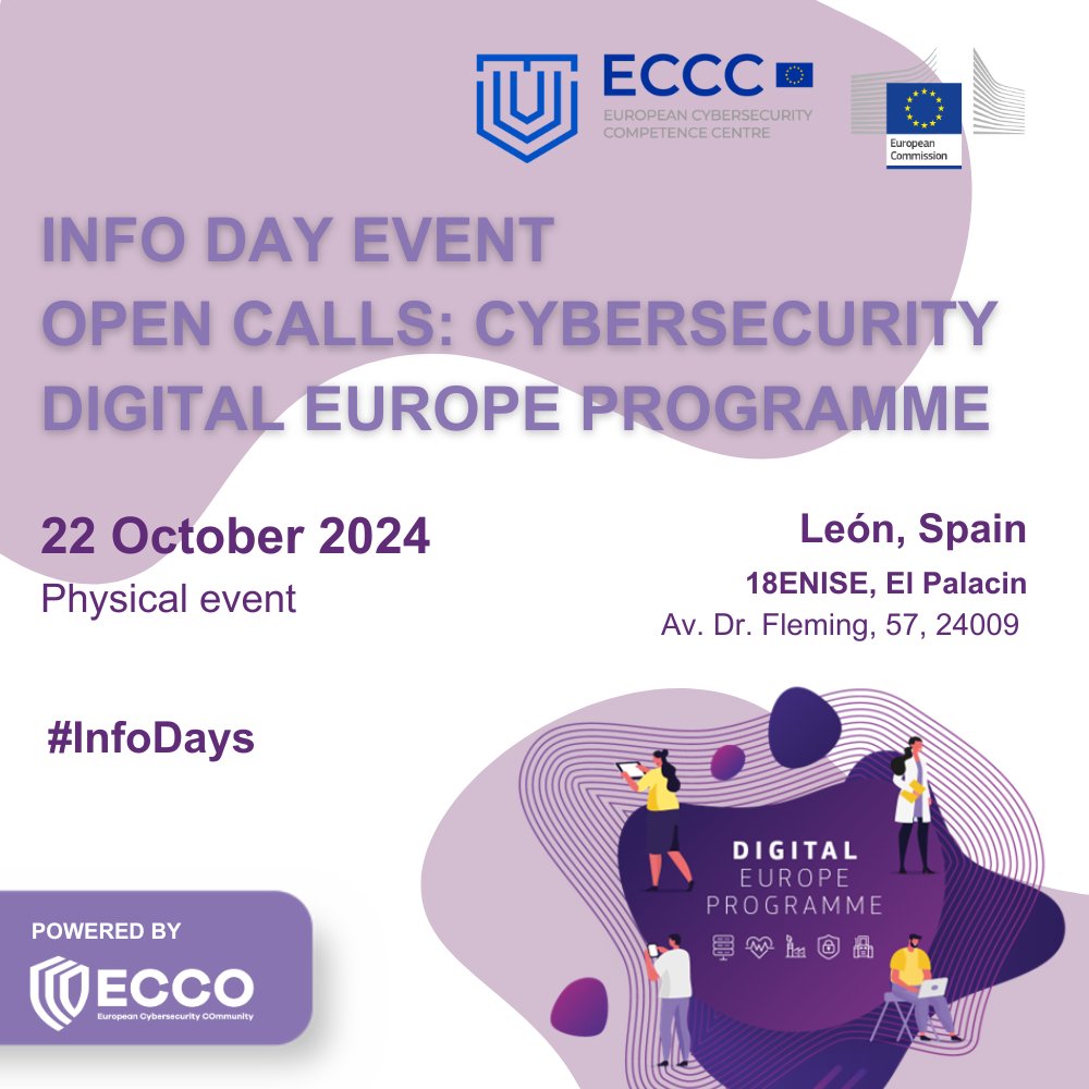 Join us at 18ENISE on 22 Oct 2024 for a new Info Day, presenting new funding opportunities in cybersecurity!

📍  Talento Workshop Zone, El Palacín, León, Spain.
📆22 October 2024
🔗Register now: lnkd.in/d8dXs34n

🎙 Pitch Your Project! Read more: lnkd.in/dGkX3yP6