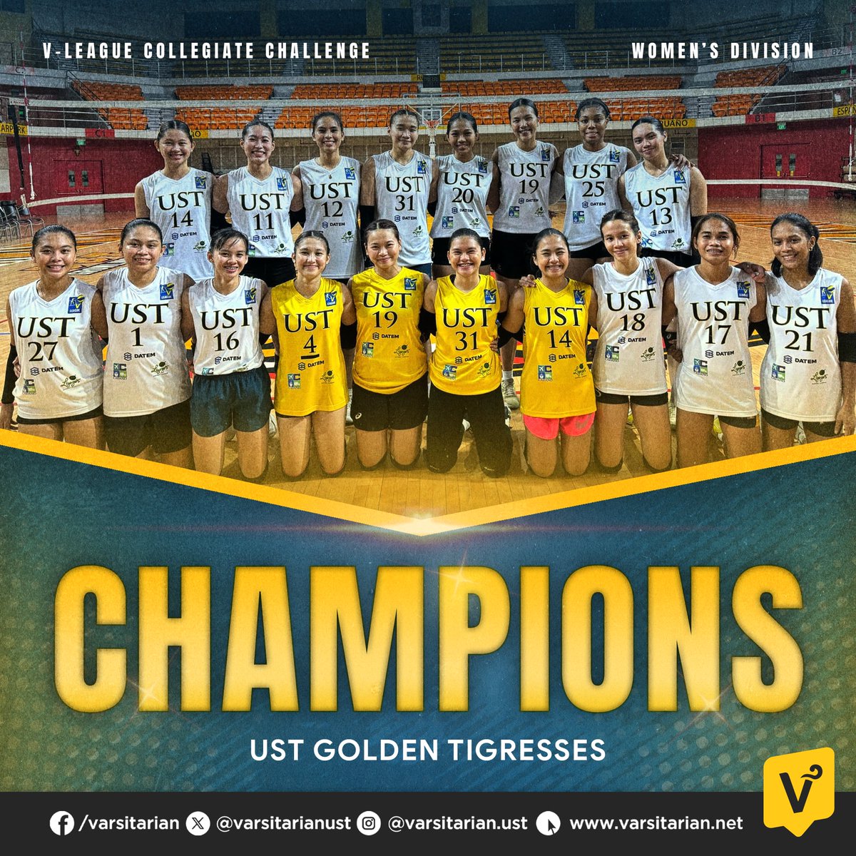 VSportsUST's tweet photo. GOLDEN GIRLS 🐯🥇
 
The UST Golden Tigresses bag their first V-League championship in 14 years after overcoming the FEU Lady Tamaraws in Game 3 of the finals on Friday. #GoUSTe https://t.co/yQk2ZO0BZj