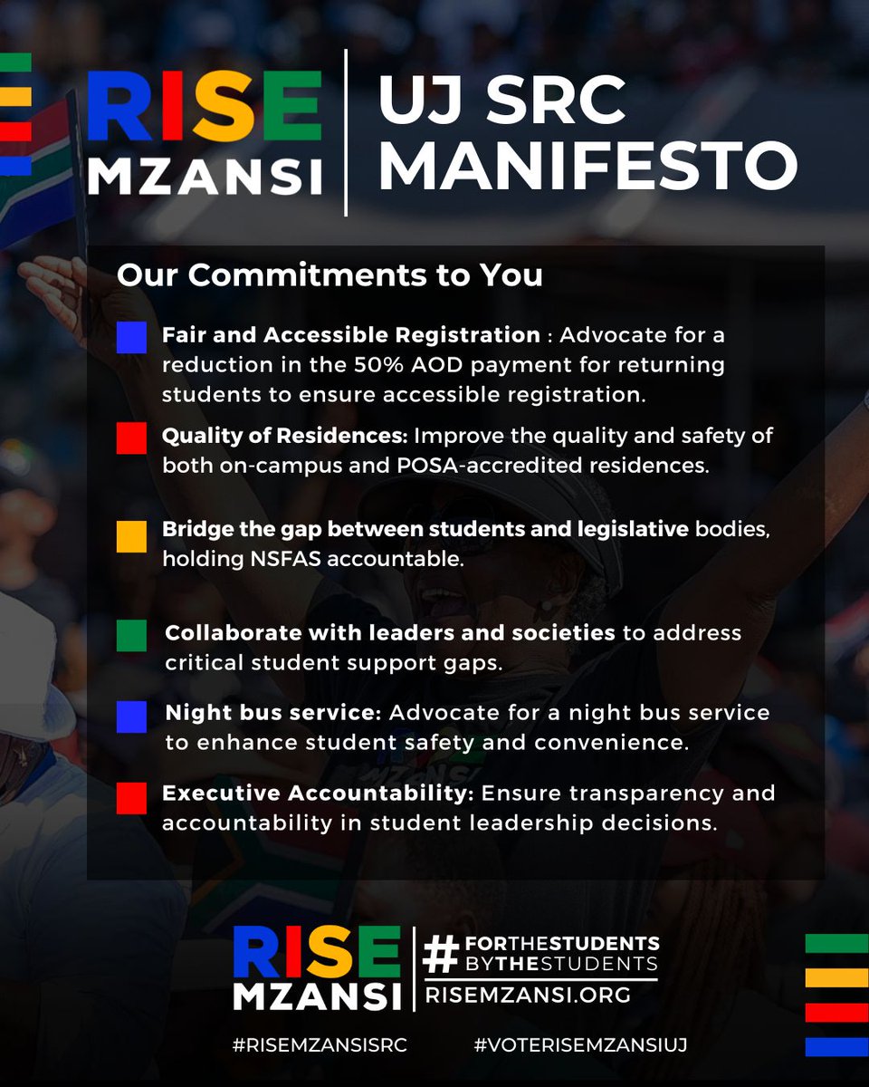 RiseMzansiYouth's tweet photo. We’re facing a leadership crisis where political games overshadow the real needs of students. RISE Mzansi Youth & Student Leadership is here to put you first.
RISEMzansiUJ Leadership is committed to meeting your students' needs.
#RiseMzansiSRC #RiseMzansiUJ #UJSRC https://t.co/c3yPLV9igo