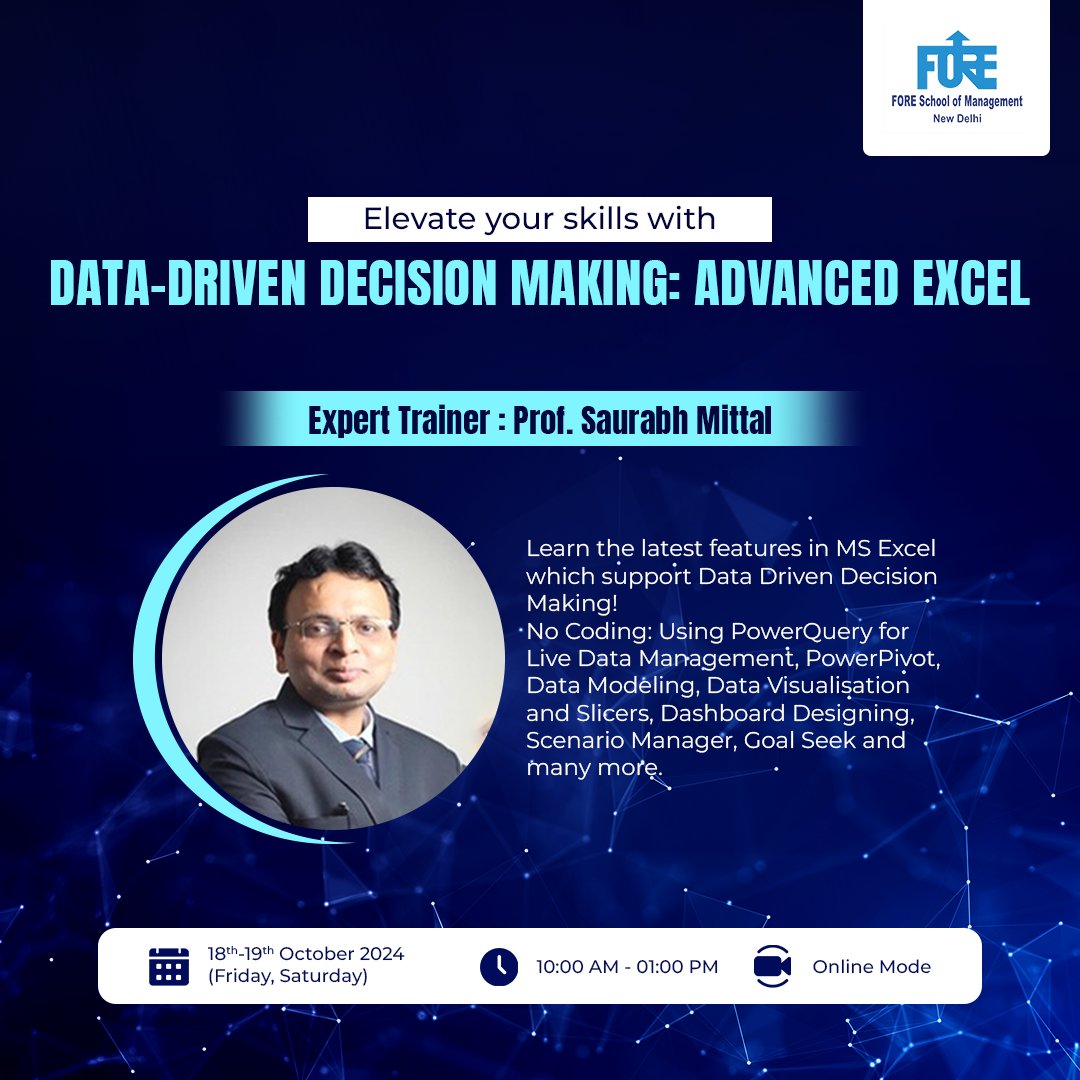 FORE_Delhi's tweet image. Unlock the power of MS-Excel to enhance your data-driven decision-making skills! Join us for an in-depth 

 Elevate your Excel skills and make smarter business decisions! 

#FORESchoolofManagement #FOREverConnected #ExcelMastery #DataDriven #MDP #DataAnalysis #DecisionMaking