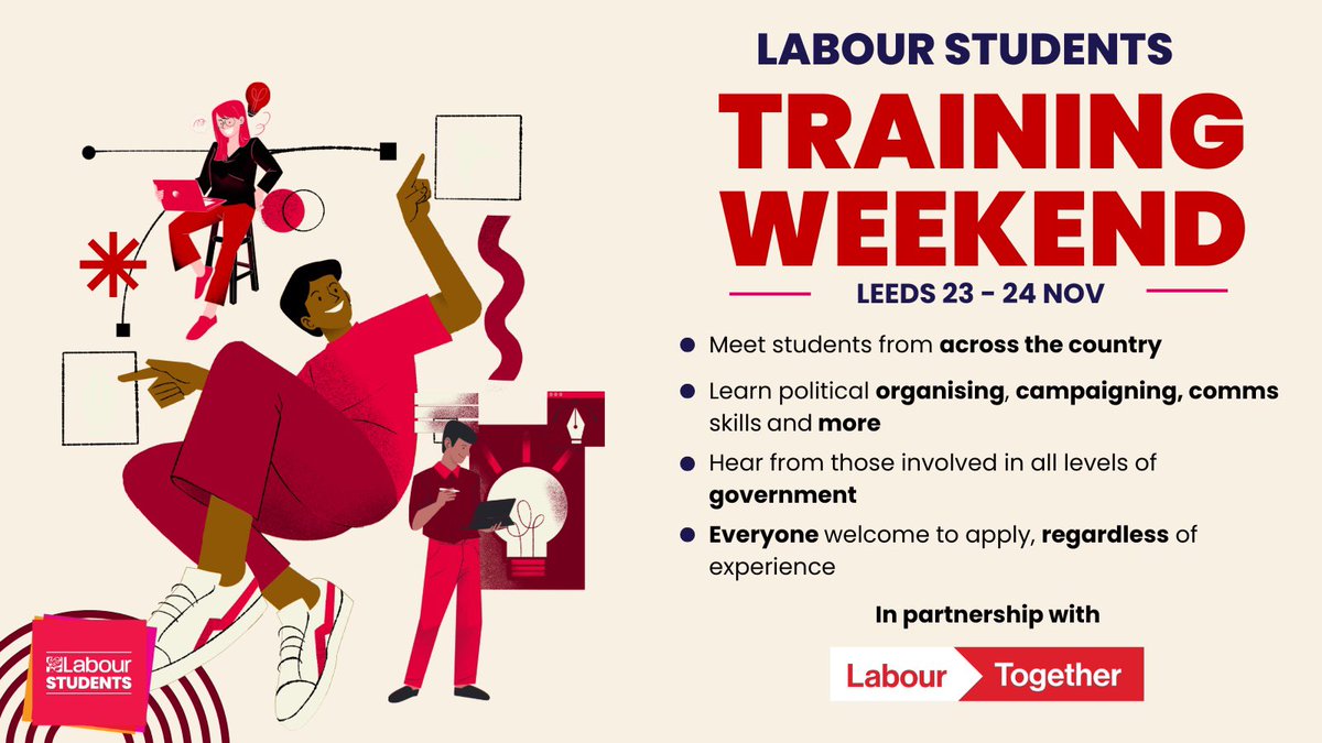 We’re incredibly excited to announce we’re holding a Training Weekend!

Hear from those involved in all levels of government and learn invaluable skills.

📍Leeds 🗓️ 23 - 24 Nov

Everyone is welcome to apply: forms.office.com/r/F7Shv3H7mb