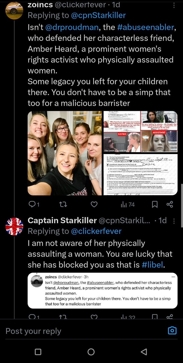 clickerfever's tweet photo. @cpnStarkiller Again, calling you out for simping for that #abuseenabler who defends her friend characterless #AmberHeard who assaulted women isn't "stalking" 
Its simply calling you out for being a simp. 
Try attaching those screenshots where you tried to manipulative to favor that hypocrite. https://t.co/R2ZPKSFscj