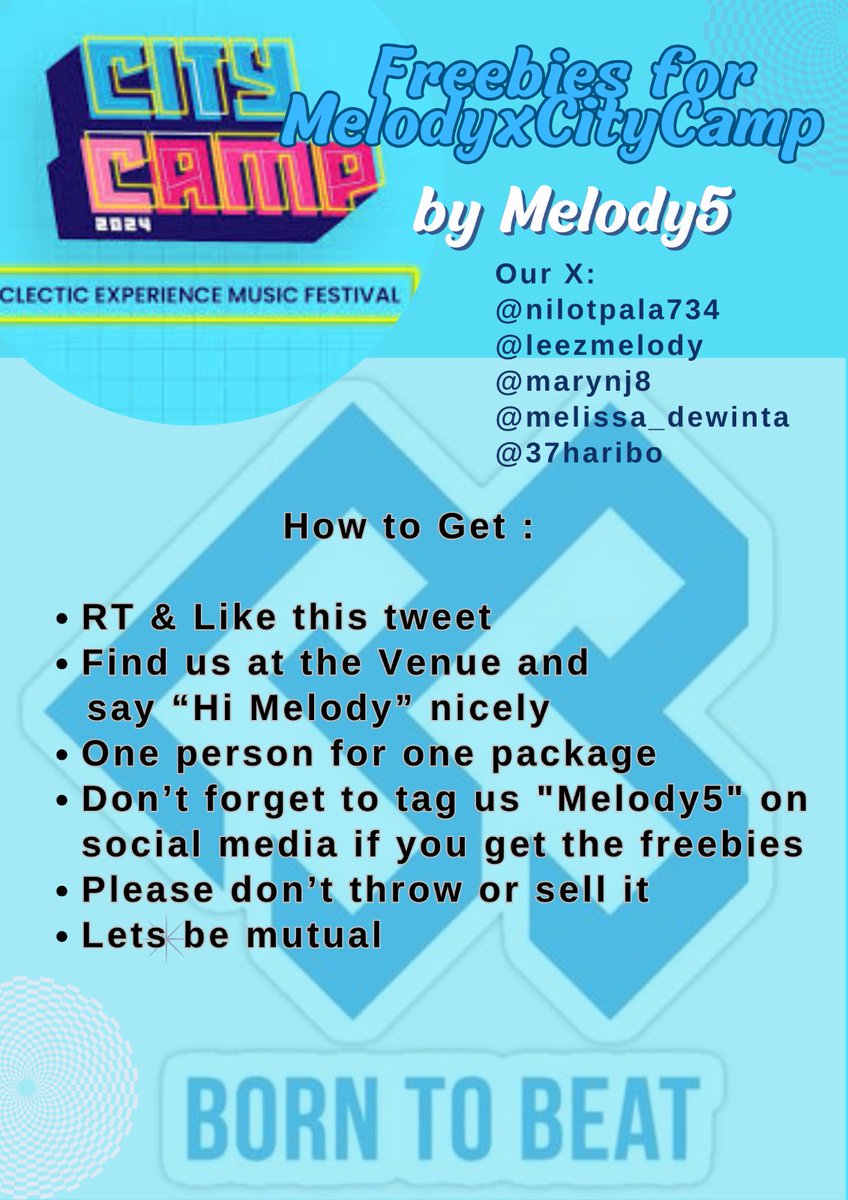 LeezMelody's tweet photo. 🎵CityCamp Freebies by Melody5

🗓️ 5th Oct '24
📍 Indonesia Arena
⏳ &amp; Spot TBA
More info, check the pict below

Buat Melody yang blm/gak bawa Melobong, cari kita aja ya, kita bakal kasi blue lightstick buat kalian
See you, Melody
#CityCamp2024 #BTOBinCityCamp2024 #BTOB https://t.co/6sBPVRHsRg