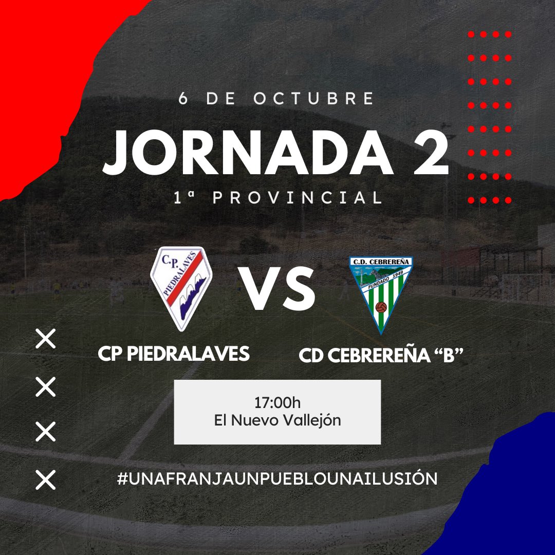 ⚽️ PRIMERA PROVINCIAL - JORNADA 2

🏠 Volvemos a jugar en casa. Este domingo nos enfrentarnos a la CD Cebrereña B.

🕓 Partido programado para este domingo día 6 de octubre a las 17:00h.

🏟 El Nuevo Valejón.

¡SOMOS EQUIPO! ⚪️♥️⚪️
#unafranjaunpueblounailusion