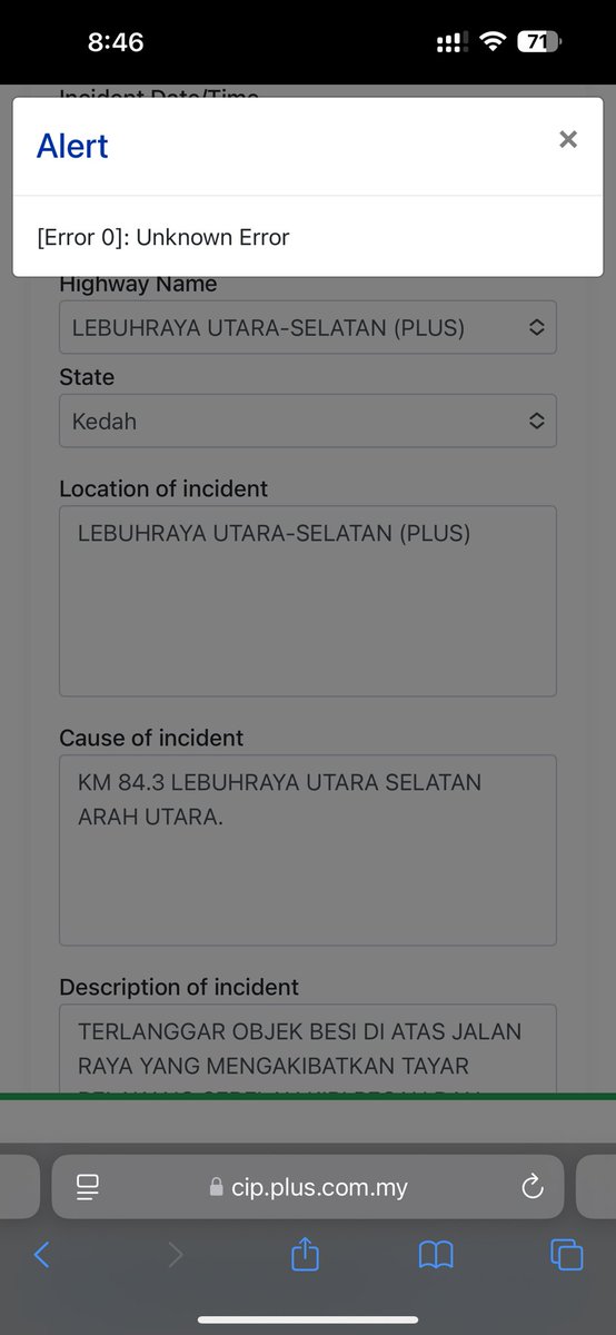 Zulfazli_Azimat's tweet photo. @plus2u Assalamualaikum dan selamat petang pihak plus.Untuk pengetahuan anda saya dah cuba banyak kali submit claim kerosakan kenderaan tetapi error. Mohon pihak plus ambik maklum dan tindakan. https://t.co/aBjL30cy94