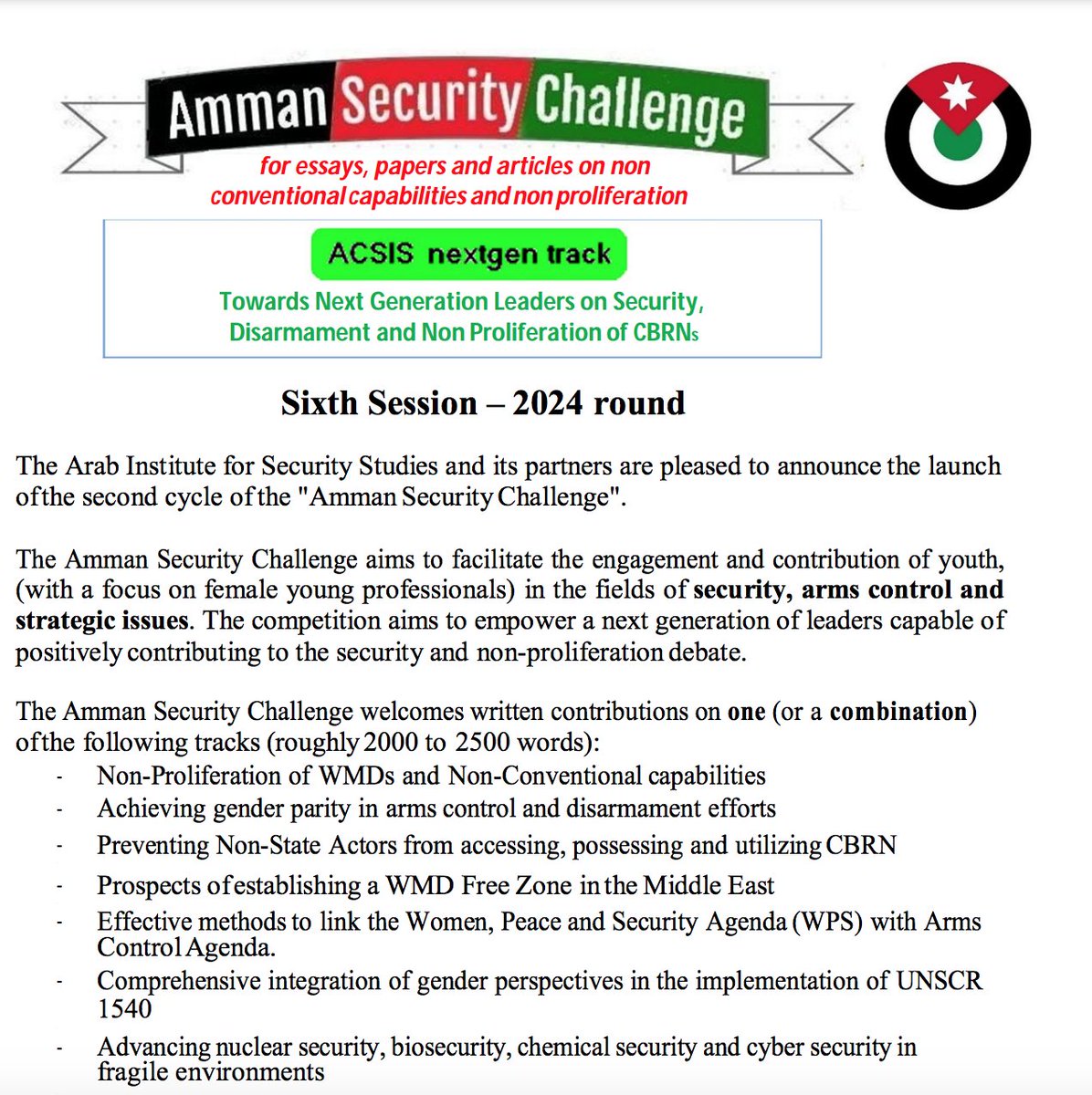 🔍New #opportunity for young professionals!

The 5th edition of the Amman Security Challenge is looking for young voices to discuss WMDs and non-proliferation.

Send your abstract now - female candidates are especially encouraged to apply.
⏲️10 Oct 2024

nonproliferation.eu/wp-content/upl…