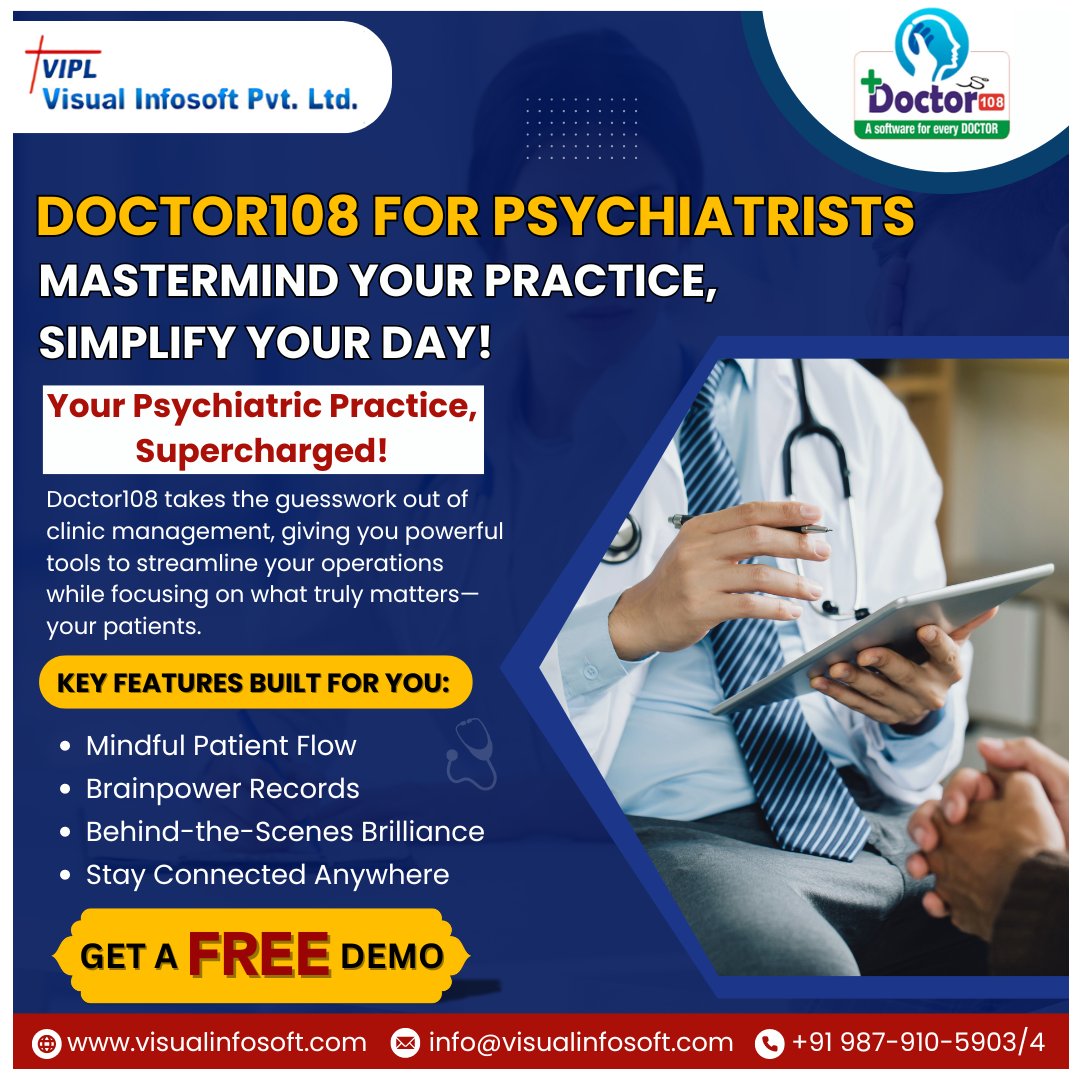 visual_infosoft's tweet image. Mastermind Your Psychiatric Practice with Doctor108!
Simplify clinic management, streamline patient flow, and focus on what truly matters—your patients!
📲 Get a FREE demo today!
#PsychiatryTech #ClinicManagement #Doctor108 #MentalHealthCare #HealthTech