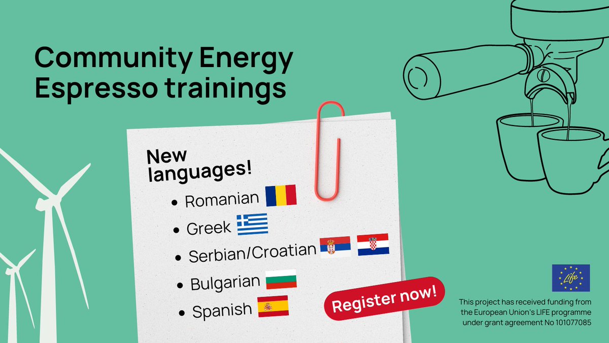 REScoopEU's tweet photo. ☀️Good news!
☕Our Espresso community power training for municipalities is available in new 🇷🇸 🇭🇷 🇬🇷 🇷🇴 🇪🇸 🇧🇬 languages!
90 people have already participated. 
Register now!👇
https://t.co/5QEFgAicir #LifeLoopEU https://t.co/wVZKCC0QlT