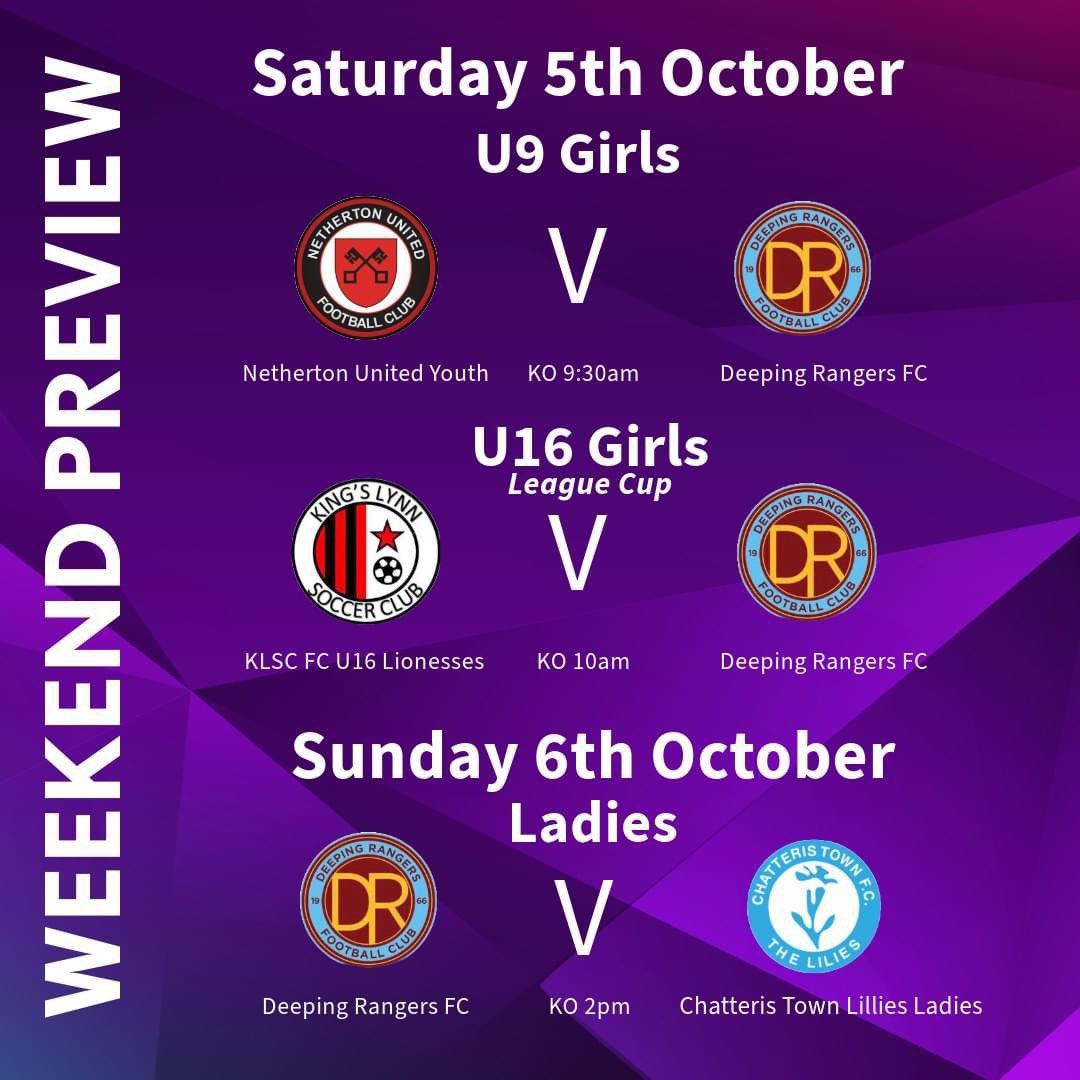 The weekend is almost here and that can only mean one thing.....FOOTBALL!!

It's a busy weekend again for Deeping Rangers with three games over the two days. Good luck to all involved.

#weareclarets 
<a href="/cambsgwleague/">Cambridgeshire Womens and Girls League</a> <a href="/WF_East/">Women's Football East</a>