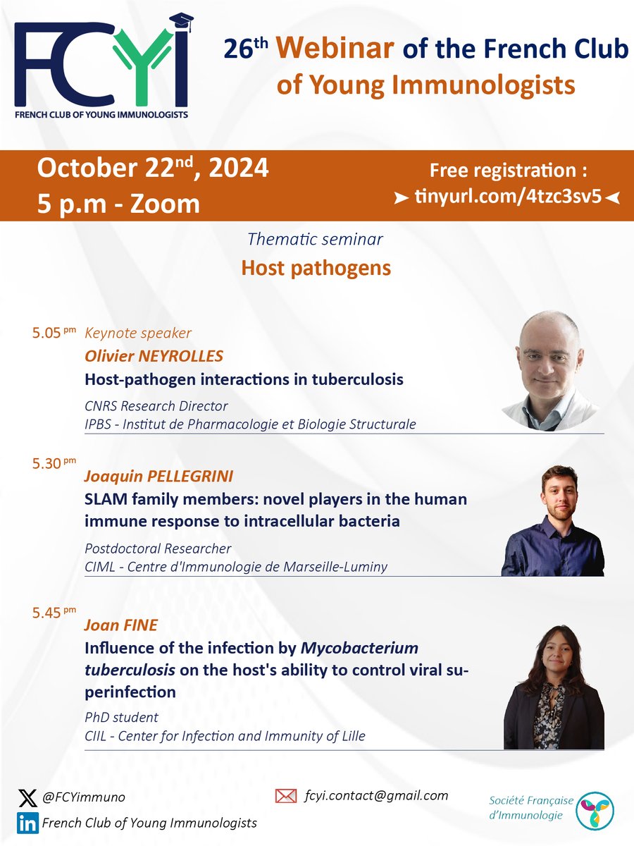 FCYI (@fcyimmuno) on Twitter photo Are you interested in Host pathogens? Do not miss our next webinar which will take place on October 22nd. We will have special guests: <a href="/ONeyrolles/">Olivier Neyrolles</a> From IPBS, <a href="/JoPellegrini/">JoaquĂn Pellegrini</a> from CIML , and <a href="/joan_fine_/">Joan Fine</a> from CIIL.
📢Registration link: lnkd.in/eK85q3gZ Are you interested in Host pathogens? Do not miss our next webinar which will take place on October 22nd. We will have special guests: <a href="/ONeyrolles/">Olivier Neyrolles</a> From IPBS, <a href="/JoPellegrini/">JoaquĂn Pellegrini</a> from CIML , and <a href="/joan_fine_/">Joan Fine</a> from CIIL.
📢Registration link: lnkd.in/eK85q3gZ