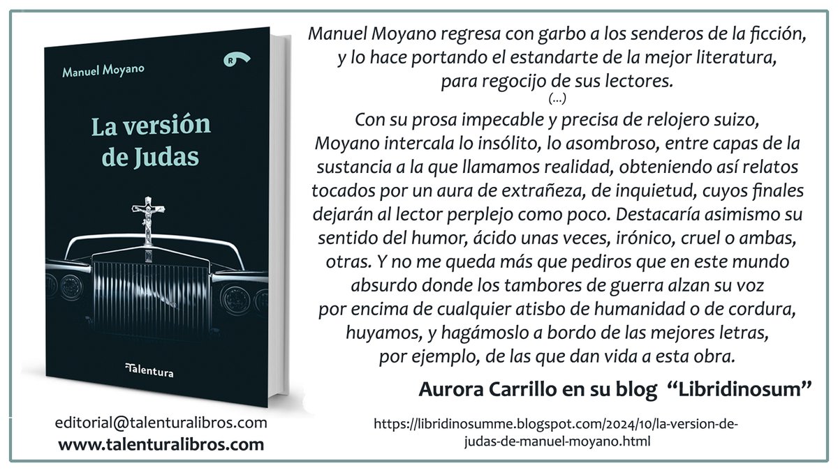 Magnífica acogida de "La versión de Judas", la vuelta a la ficción de Manuel Moyano con su nuevo libro de relatos.
Reseña de <a href="/bixoamore/">Aurora Carrillo</a> en el blog Libridinosum:
libridinosumme.blogspot.com/2024/10/la-ver…
Reseña de <a href="/JimyBocanegra/">Jimy Ruiz Vega</a> en el blog El Fescambre:
jimyruizvega.blogspot.com/2024/10/contar…
