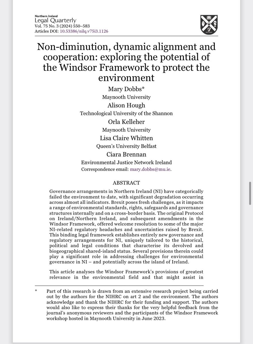 ✍️Our article exploring the potential of the #WindsorFramework in protecting the environment was published today as part of brilliant collection assembled by @tobiaslock, <a href="/mdobbs26/">Mary Dobbs now @Mdobbs26.bsky.social</a> and the Maynooth European Law team <a href="/NILegalQ/">NI Legal Quarterly</a>:
