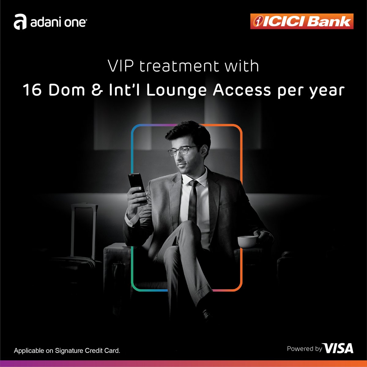 Adani_One's tweet image. Unlock the perks! The #AdaniOne @ICICIBank Credit Card, powered by @Visa_IND  can be a game changer when used wisely. Enjoy flight vouchers, movie tickets, airport services, lounge access, reward points, and more. Apply now at bit.ly/3ZQj7Sz

#RewardingExperiences