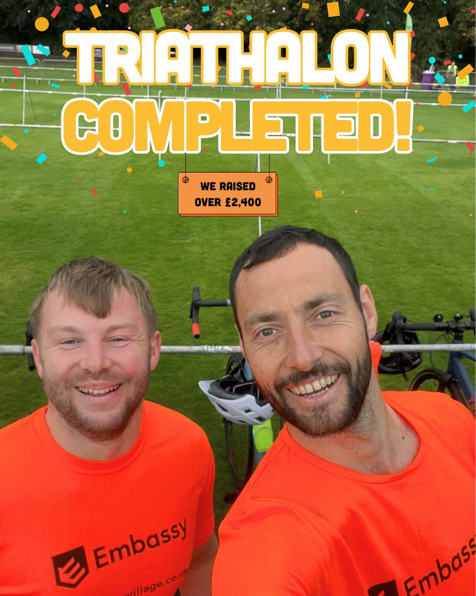Thank you from the bottom of our hearts to everyone who sponsored Mike and Sid as they completed the Wilmslow triathlon. 

The guys completed it in a decent time and with your generous help, they've raised over £2,400 for the Embassy Village build. 

stewardship.org.uk/pages/SidandMi…