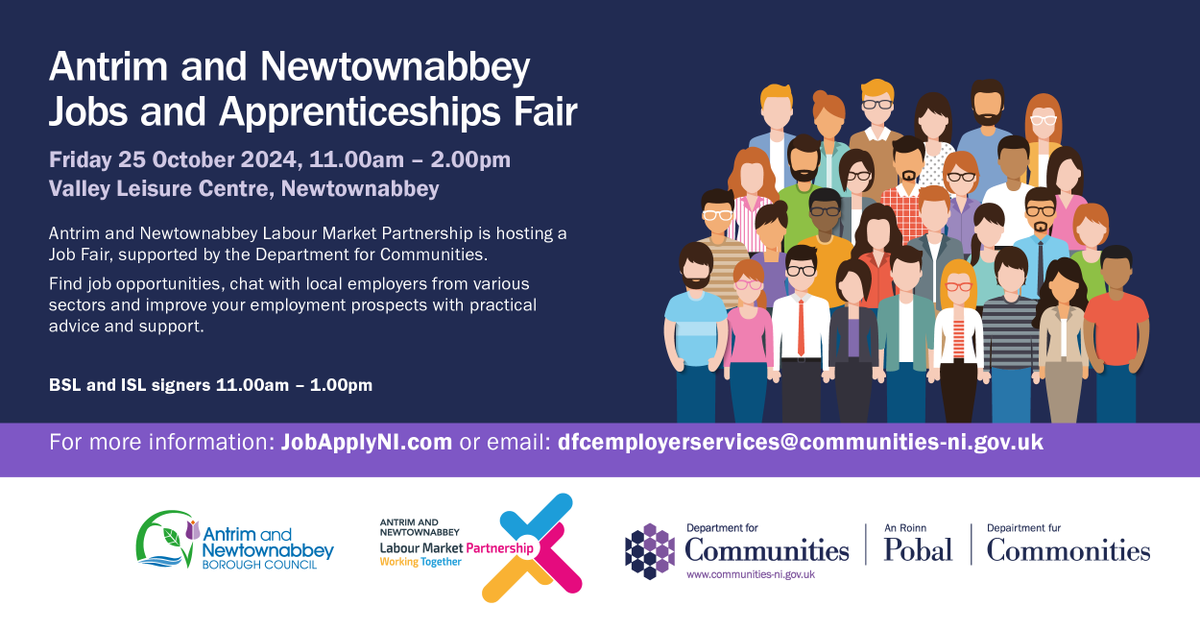 We'll be at the Antrim and Newtownabbey Jobs and Apprenticeships Fair on Friday 25 October! If you would like some support towards employment, the SkillSET team would love to chat with you. Come along and say hello between 11am-2pm in Valley Leisure Centre, Newtownabbey.