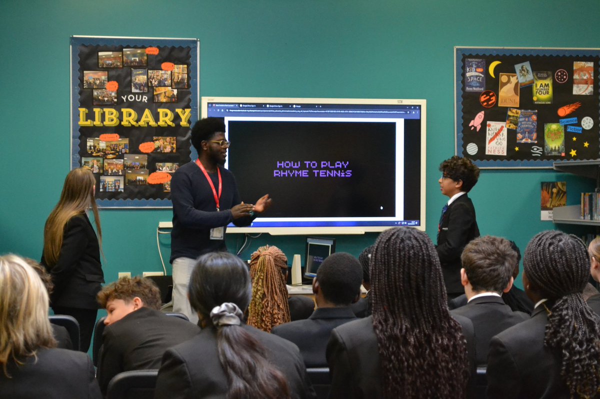 JsaLibrary's tweet photo. Thank you to the amazing @TshepoBrown3 and @Literacy_Trust for the #NationalPoetryDay2024 workshop they delivered on Tuesday! Our students loved seeing poetry in a different context, and challenging each other to find the most rhymes. https://t.co/e1M4pS9nsj