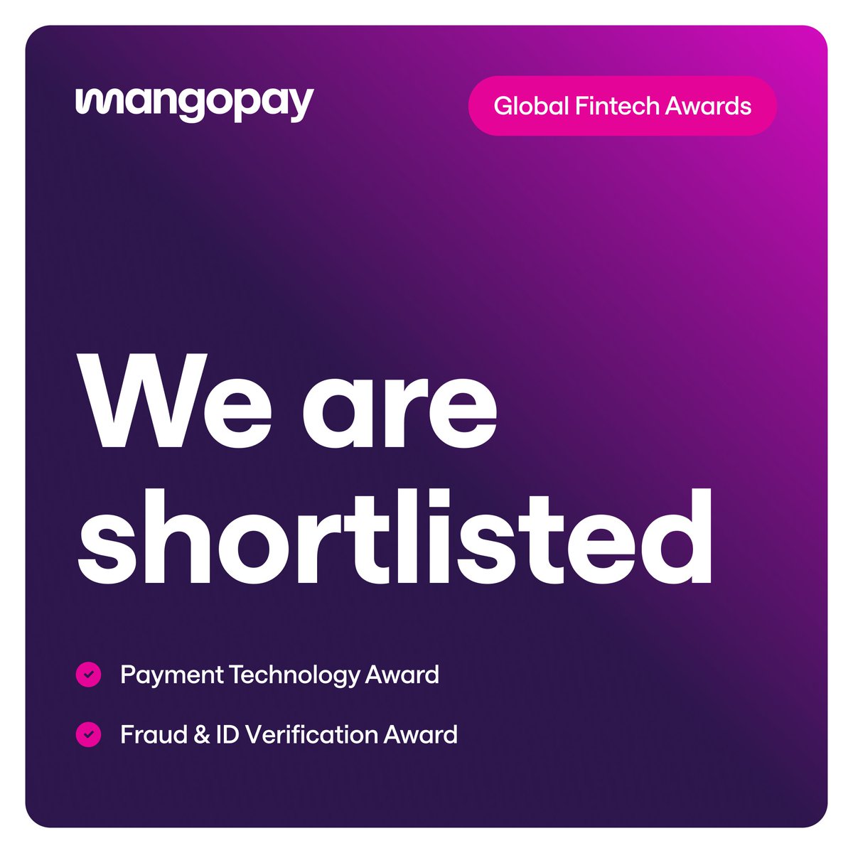 mangopay's tweet photo. We’re excited to announce our shortlisting in two categories at the @FinTechMagazine Global Fintech Awards, for Payment Technology Award and Fraud &amp; ID Verification. 

🙌 Good luck to all the nominees!

🤞 https://t.co/qbl61NUAtn 

#Award #FinTechLIVE #FTLLondon https://t.co/LcwaIEe3cz