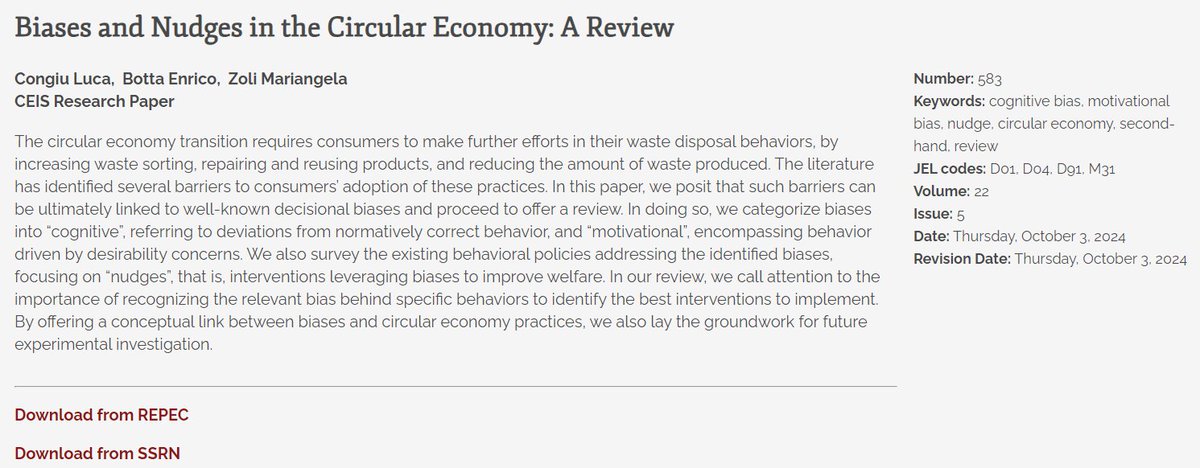 Biases and Nudges in the Circular Economy: A Review
t.ly/5UESS
Luca Congiu <a href="/lcongiu90/">Luca Congiu</a> Enrico Botta <a href="/MariangelaZoli/">Mariangela Zoli</a> 
#EconTwitter #CognitiveBias #MotivationalBias #Nudge #CircularEconomy #SecondHand
<a href="/SSRN/">SSRN</a> <a href="/repec_org/">RePEc</a> <a href="/EconTorVergata/">Economia Tor Vergata</a> <a href="/unitorvergata/">Università di Roma Tor Vergata</a> <a href="/OECD/">OECD ➡️ Better Policies for Better Lives</a> <a href="/GGKP_Policy/">Green Policy Platform</a>
