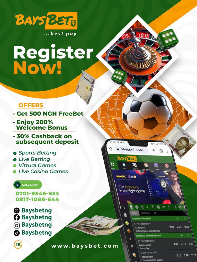Experience the thrill of sports betting with Baysbet! 

Place your bets, cheer on your favorite teams, and win big. 🏆

 #UnveilingBaysbet

cc: <a href="/BaysbetNG/">Baysbet Ng</a>