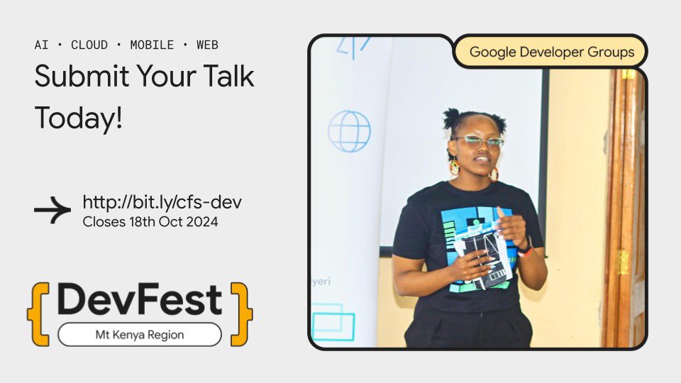 🔊 Calling all innovators and tech enthusiasts! 🌟 👩🏽‍💻👨🏽‍💻🧑🏽‍💻We’re seeking dynamic speakers to share their expertise at our upcoming Mt Kenya Dev Fest.
 Apply now to be part of the lineup!
bit.ly/cfs-dev

Call closes on 25/10/2024, 11:59 PM‼️