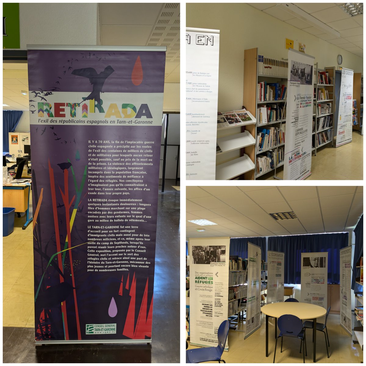 cdimoissac's tweet photo. A voir au CDI Lyc. de la @Cite_scoMOISSAC jusqu'au 19 octobre, une exposition sur #LaRetirada en Tarn et Garonne prêtée par les #archivesdu82 ! Une occasion de compléter les enseignements d'Histoire et d'espagnol de façon originale! @OlivierR81 @DSDEN82 @actoulouse @RouxelSophie https://t.co/o3KX9ZHEaZ