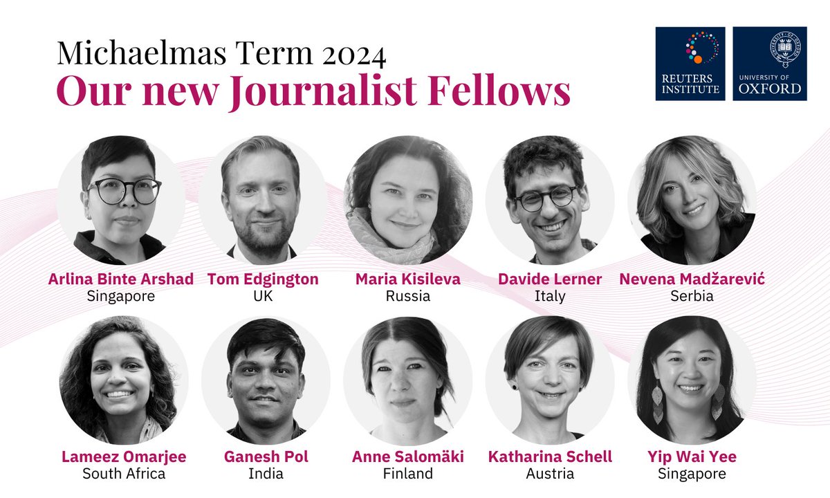 🌍We are delighted to welcome to the Reuters Institute our new cohort of ✨Journalist Fellows✨ joining us next week to explore the future of journalism.

🔗Find out more about each of them and the projects they'll explore on our website:
reutersinstitute.politics.ox.ac.uk/news/10-journa…