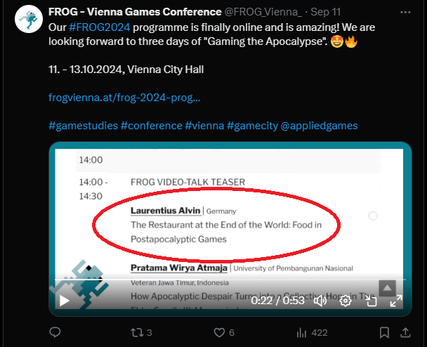 Alvin_broo's tweet photo. I've recorded a presentation about food and foodways in postapocalyptic games for @FROG_Vienna_ which short presentation you can watch next week on Saturday among with other interesting talks.

Come join us and register at https://t.co/h6IQd5lXaA - open until October 7th! https://t.co/8SxJUQPXPp