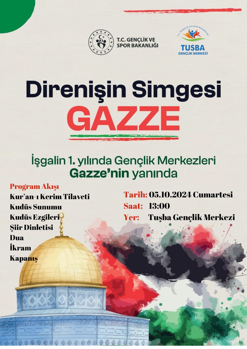 Cumartesi günü saat 13:00 te gençlik merkezimizde yapacağımız.

Direnişin simgesi "GAZZE "

konulu programa tüm velilerimiz ve öğrencilerimiz davetlidir..