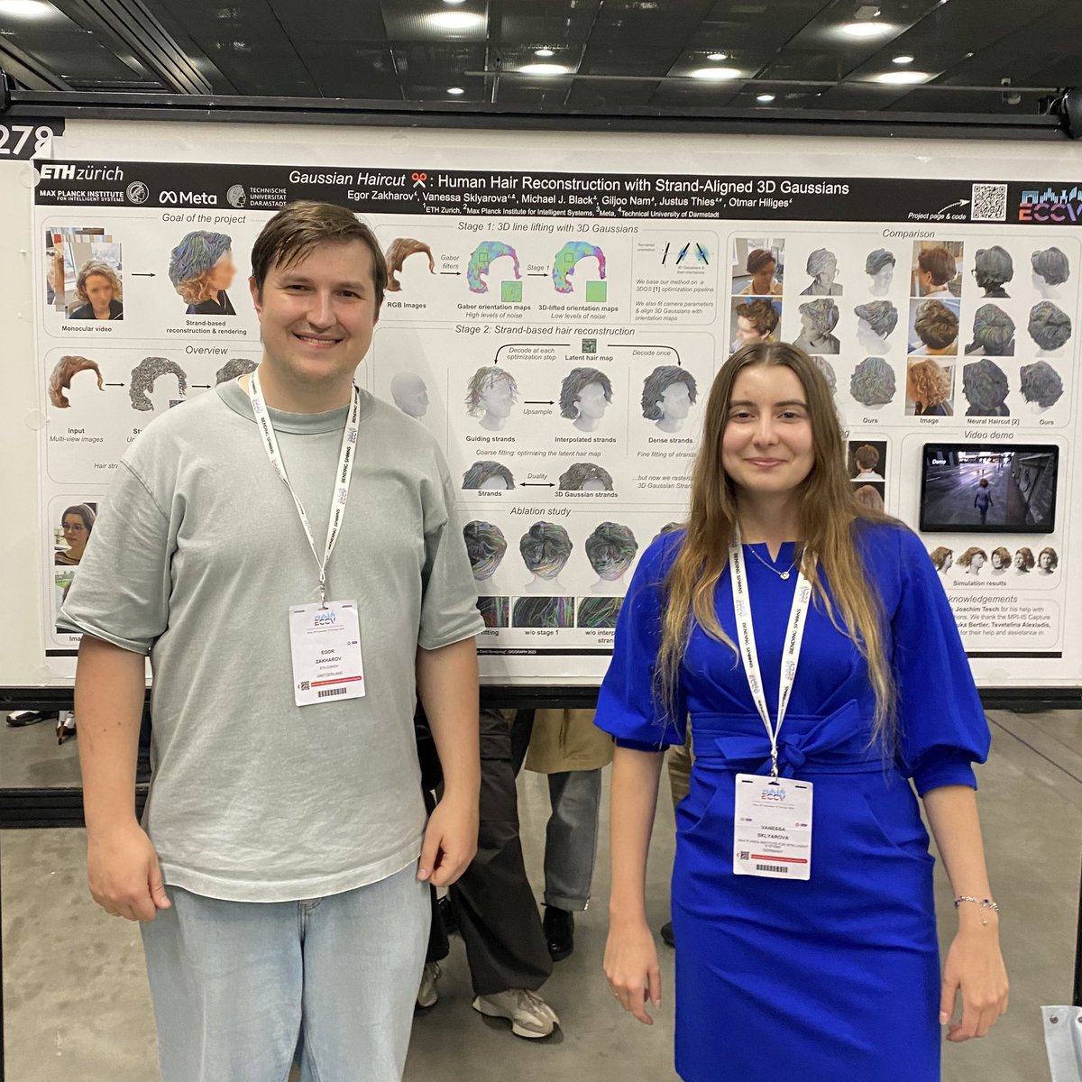 eozakharov's tweet image. Had a lot of fun presenting our poster yesterday with @ness_pirs! 😃 Talked with many people interested in strand-based hair modelling, so hopefully we’ll see more works in this area in the future.