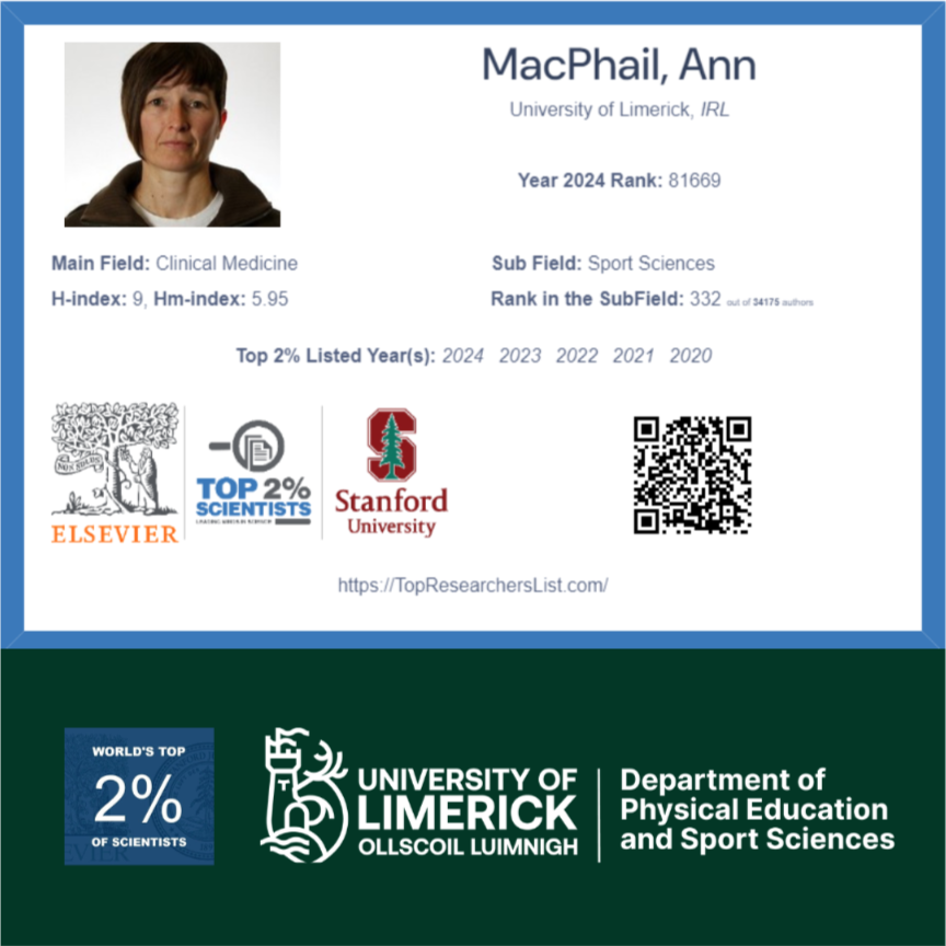 PESS @ UL (@pesslimerick) on Twitter photo Congratulations <a href="/AnnMacPhail1/">Ann MacPhail</a> on ranking in <a href="/top2p_sci/">Top 2 % Scientists</a> World Top 2% researchers! This prestigious recognition, compiled by <a href="/Stanford/">Stanford University</a>, is a testament to your significant contributions and the impact of your original work in the field, as reflected by its high citation rate in Congratulations <a href="/AnnMacPhail1/">Ann MacPhail</a> on ranking in <a href="/top2p_sci/">Top 2 % Scientists</a> World Top 2% researchers! This prestigious recognition, compiled by <a href="/Stanford/">Stanford University</a>, is a testament to your significant contributions and the impact of your original work in the field, as reflected by its high citation rate in
