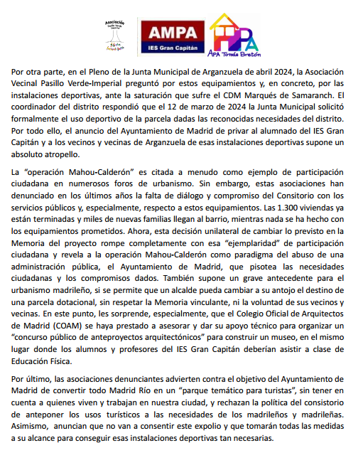 AVVerdeImperial's tweet photo. ‼️Denunciamos con @AmpaGranCapitan @ampatbreton sentirnos estafadas por Ayto #Madrid tras anunciarse la creación del museo @EMTmadrid en la parcela destinada a instalaciones deportivas públicas del proyecto #MahouCalderón‼️

Aquí nuestro comunicado👇
https://t.co/QlmAl2vuRq https://t.co/qPKbSrAr44