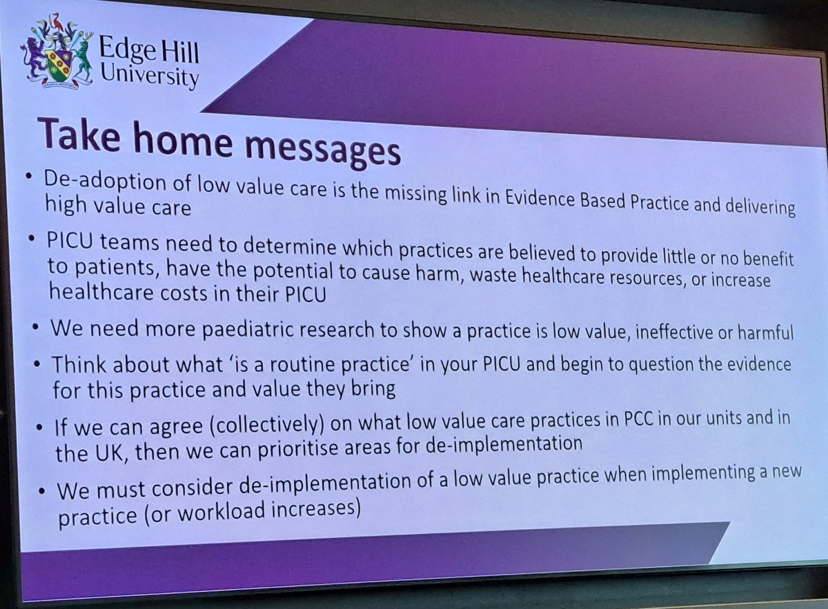 <a href="/lyvonnetume/">Prof Dr Lyvonne Tume RN</a>'s take home points including if we're implementing new evidence-based practices in PICU we should be considering de-implementing low value practice to avoid increased workload ##PCCS2024 #PCCS24 #PedsICU <a href="/PICSociety/">Paediatric Critical Care Society</a>