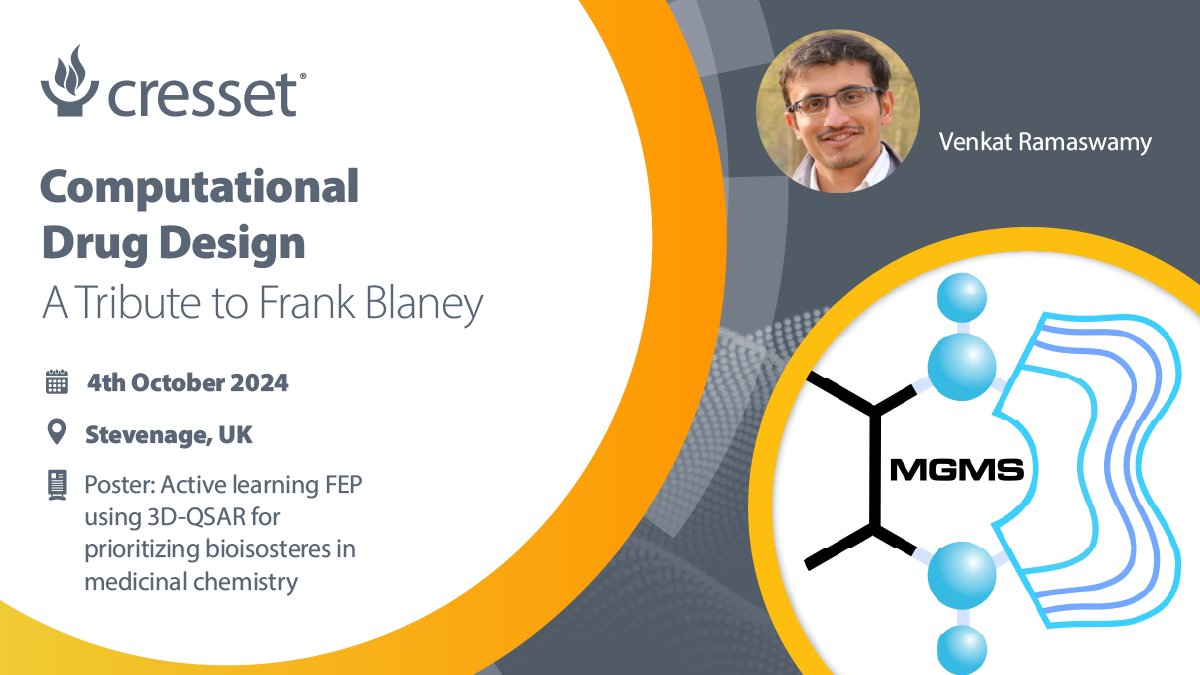 Cresset are pleased to be sponsoring and supporting the Computational Drug Design - A Tribute to Frank Blaney meeting. 

If you are attending, look out for Senior Computational Chemistry Developer, Venkat Ramaswamy and his poster.

#compchem #medchem #drugdiscovery #drugdesign