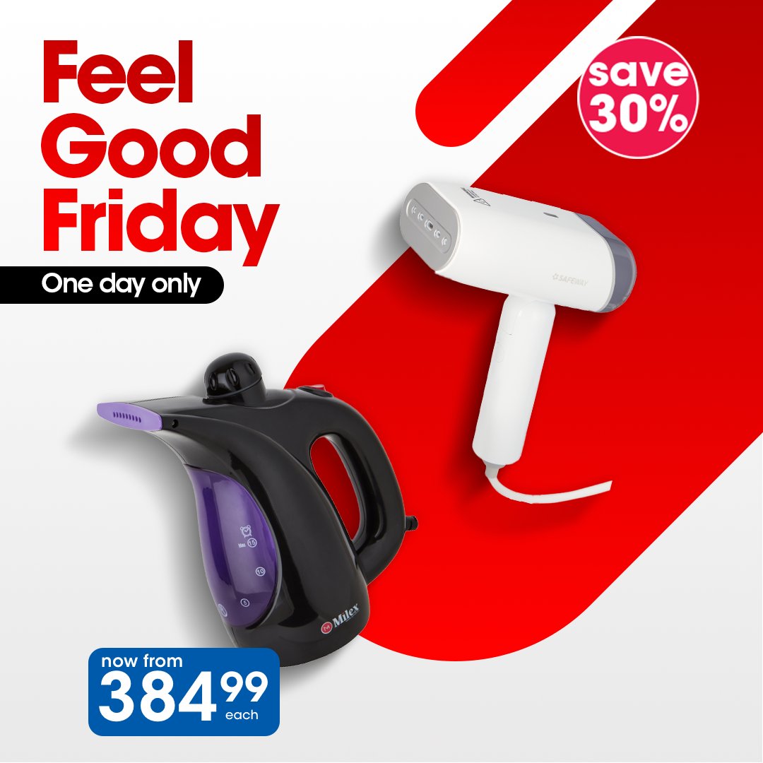 Clicks_SA's tweet photo. Wrinkle-free fashion awaits! 👗
SAVE 30% on garment steamers, starting from R384.99. Keep your wardrobe looking fresh without breaking the bank! 💸
Shop online now. -> https://t.co/qSnUYLumWH
#FeelGoodFriday #StyleSaver #SteamAndSave #Milex #Safeway https://t.co/nhnySAQ4uT