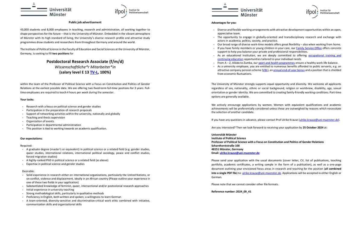 Ulrike Krause (@ulrikekrause.bsky.social) (@ulrikekrause) on Twitter photo #Vacancy
2 #PostDoc positions in political science & gender studies for 3 yrs in my team @IfPol_WWU <a href="/uni_muenster/">Universität Münster</a>!
🗒️ See the job posting
in English stellen.uni-muenster.de/jobposting/e7f…
in German stellen.uni-muenster.de/jobposting/3ae…
Deadline 25 Oct 2024
Please share widely! #Vacancy
2 #PostDoc positions in political science & gender studies for 3 yrs in my team @IfPol_WWU <a href="/uni_muenster/">Universität Münster</a>!
🗒️ See the job posting
in English stellen.uni-muenster.de/jobposting/e7f…
in German stellen.uni-muenster.de/jobposting/3ae…
Deadline 25 Oct 2024
Please share widely!