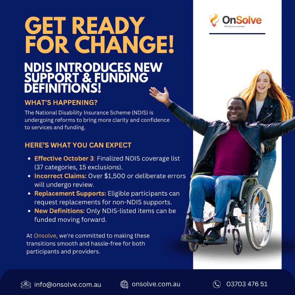 OnSolvecomau's tweet image. The NDIS is evolving to better serve the community! 💡 Effective October 3rd, new support and funding definitions will be in place, offering more clarity and confidence for participants and providers alike.

#NDIS #NDISUpdates #OnSolve #SupportServices #DisabilitySupport