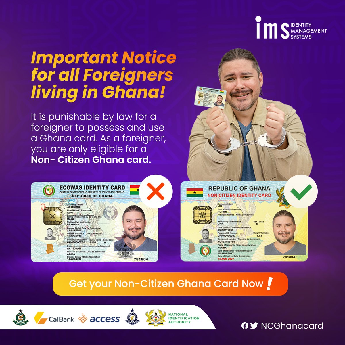 NCGhanacard's tweet photo. Are you a foreigner living in Ghana? Make sure you're aware of the laws governing the use of the Ghana Card. For more inquiries, call 0308255837 or visit https://t.co/WquR2ssnUq.

#NCGhanaCard #FIMS https://t.co/WrTqCV97dt