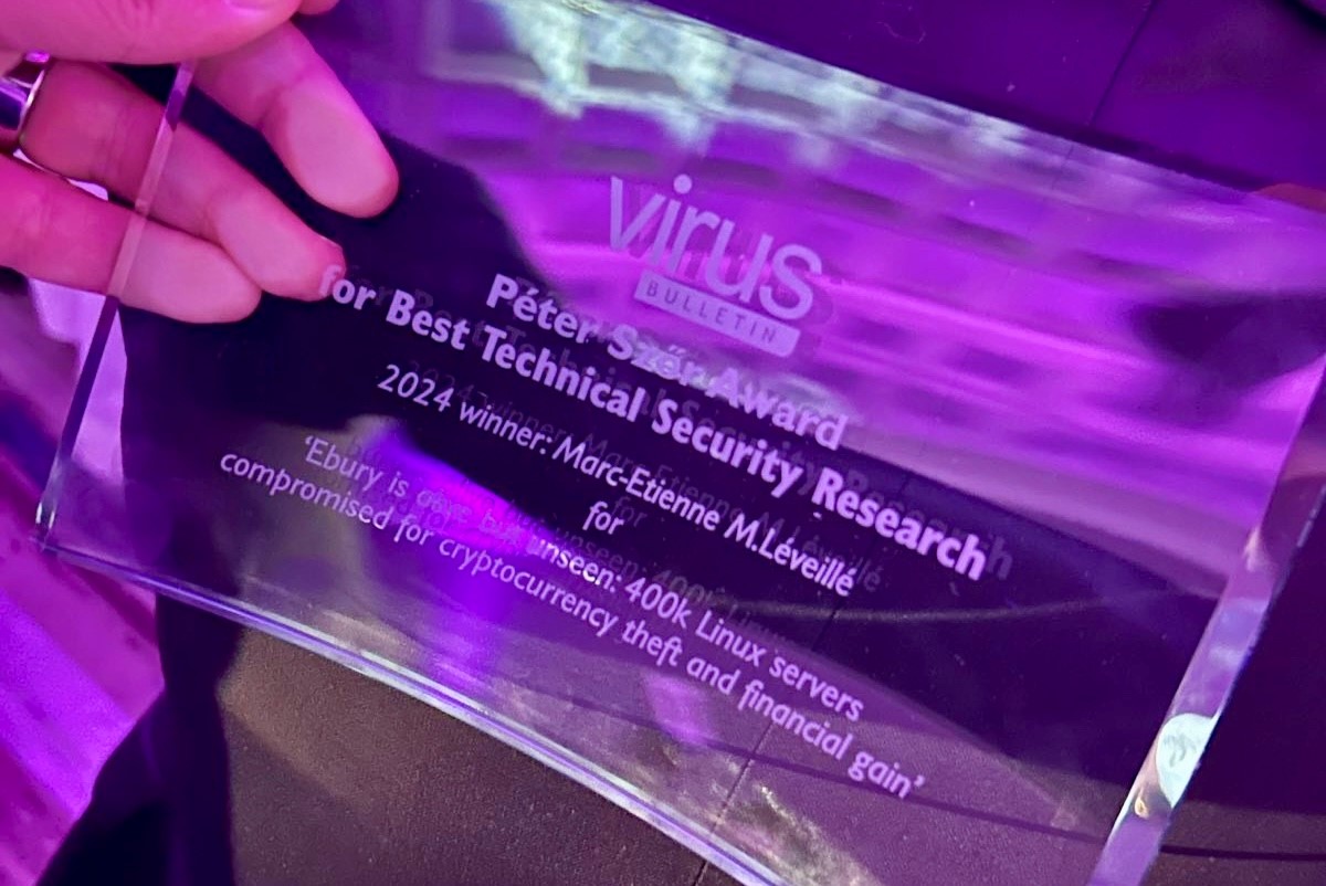 The winner of the 2024 Péter Szőr Award for the best technical security research is #ESETresearch and  <a href="/marc_etienne_/">Marc-Etienne M.Léveillé</a> for "Ebury is alive but unseen: 400k Linux servers compromised for cryptocurrency theft and financial gain". More: welivesecurity.com/en/eset-resear… #VB2024