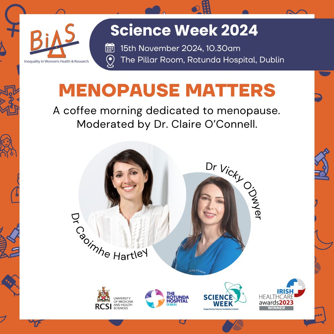 BIAS - Inequality in Women's Health and Research (@biaswomenhealth) on Twitter photo The 15th November, join us for a coffee morning dedicated to #menopause with leading specialists Dr Caoimhe Hartley <a href="/caoimhe_h/">Caoimhe Hartley</a> and Dr <a href="/ODwyerVicky/">Vicky O'Dwyer</a>
Moderated by Dr. <a href="/claireoconnell/">Claire O’Connell</a>.
Funded by <a href="/Researchirel/">Research Ireland</a> #scienceweek2024
Info and free tickets: eventbrite.ie/e/menopause-ma… The 15th November, join us for a coffee morning dedicated to #menopause with leading specialists Dr Caoimhe Hartley <a href="/caoimhe_h/">Caoimhe Hartley</a> and Dr <a href="/ODwyerVicky/">Vicky O'Dwyer</a>
Moderated by Dr. <a href="/claireoconnell/">Claire O’Connell</a>.
Funded by <a href="/Researchirel/">Research Ireland</a> #scienceweek2024
Info and free tickets: eventbrite.ie/e/menopause-ma…