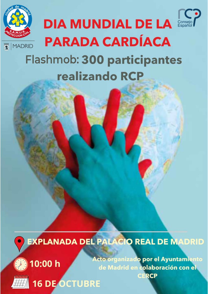 SAMUR_PC's tweet image. 🗓️ La cita es el 16 de octubre. 
#DíaMundialParadaCardiaca

Hasta 300 participantes, de forma simultánea, podrán aprender a realizar la técnica de resucitación cardiopulmonar #RCP.

Organiza @MADRID y @ConsEspRCP .

¡Te esperamos! 
#Flashmob