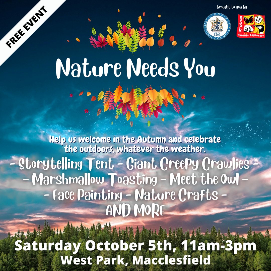 📍 West Park 
⏰11-3pm
📅Sat 5th October

Come and join us for Nature Needs You, a FREE to attend and take part event in #Macclesfield s West Park.

#MacclesfieldBetterTogether #NatureNeedsYou
