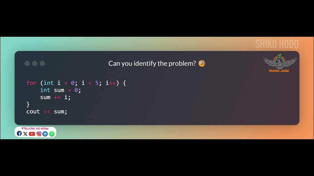 mahojase's tweet image. 🔍 What&apos;s Wrong with This Code?
.
.
.
#VariableScope #CPlusPlus #ProgrammingBasics #CodeWithCPP #LearnCPP #ScopeRules #DevLife #CodingTips #CodeQuality #VariableLifetime