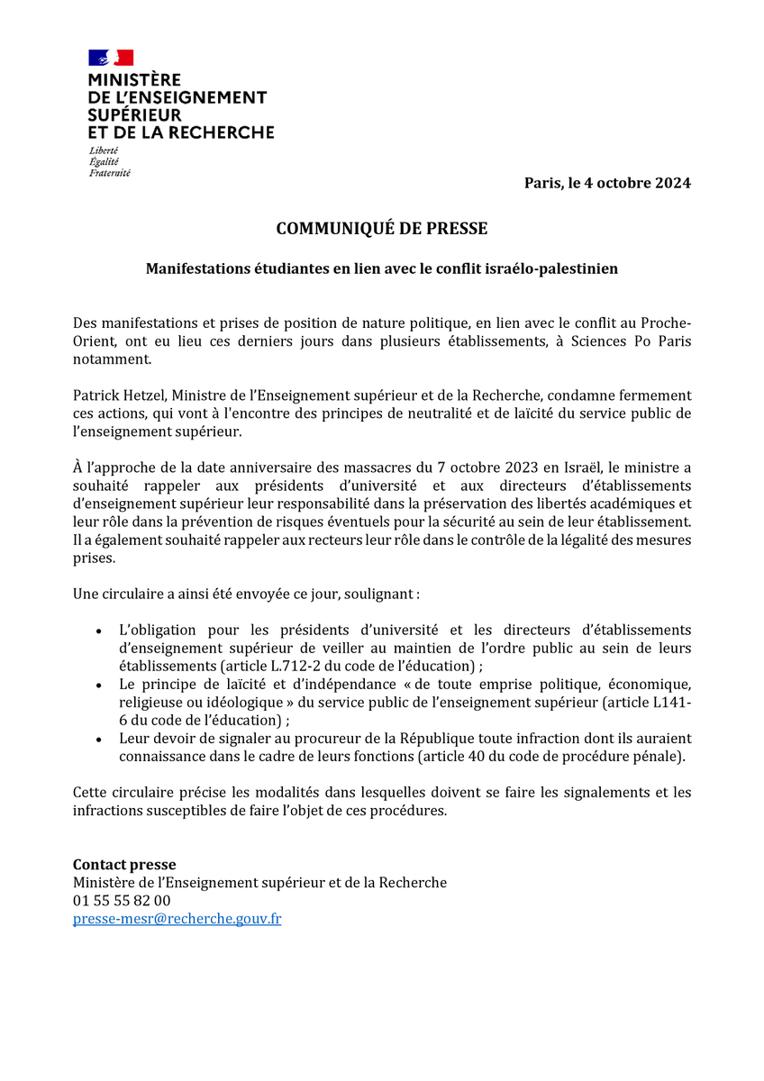 patrickhetzel's tweet photo. À l’approche de la date d'anniversaire des massacres du 7 octobre 2023 en Israël, j’ai rappelé aux présidents d’université, directeurs d’établissement et recteurs leur devoir de maintenir l’ordre et de garantir le respect du principe de neutralité au sein de leur établissement. https://t.co/S9jFhSxTnK