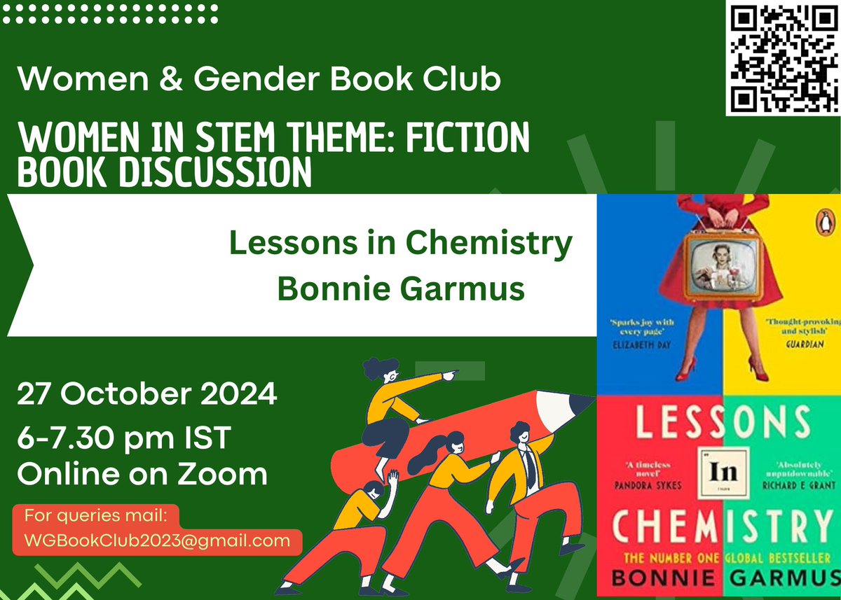 📢HELLOOOO! Oct 2024 <a href="/WGBookClub2023/">WomenandGenderBookClub2023</a> Announcement!
⁉️ Theme: Women in STEM (Fiction)
📚Book: Lessons in Chemistry, Bonnie Garmus
📅Date: Sun, Oct 27
⏲️Time: 6-7.30 PM IST
🏡Where: Online, on Zoom. Free, Open for all
Come join us! For more details DM/email WGBookclub2023@gmail.com