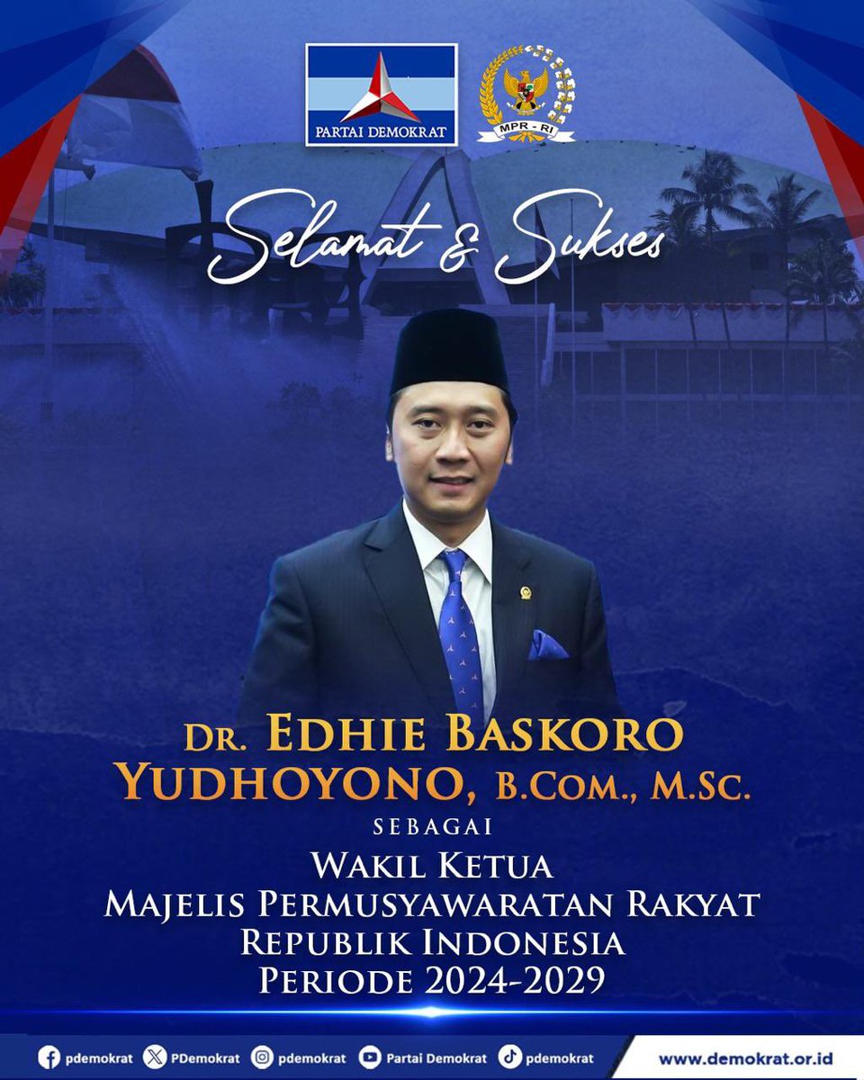 Selamat dan sukses kepada DR. EDHIE BASKORO YUDHOYONO, B.COM., M.SC.
<a href="/ibasyudhoyono/">Ibas Yudhoyono</a> Sebagai Wakil Ketua <a href="/mprgoid/">MPR RI</a> Periode 2024-2029.

Harapan Rakyat Perjuangan Demokrat
Setia Berjuang Bersama Rakyat

#dprbaru 
#dprbaruharapanbaru 
#dpr2024
