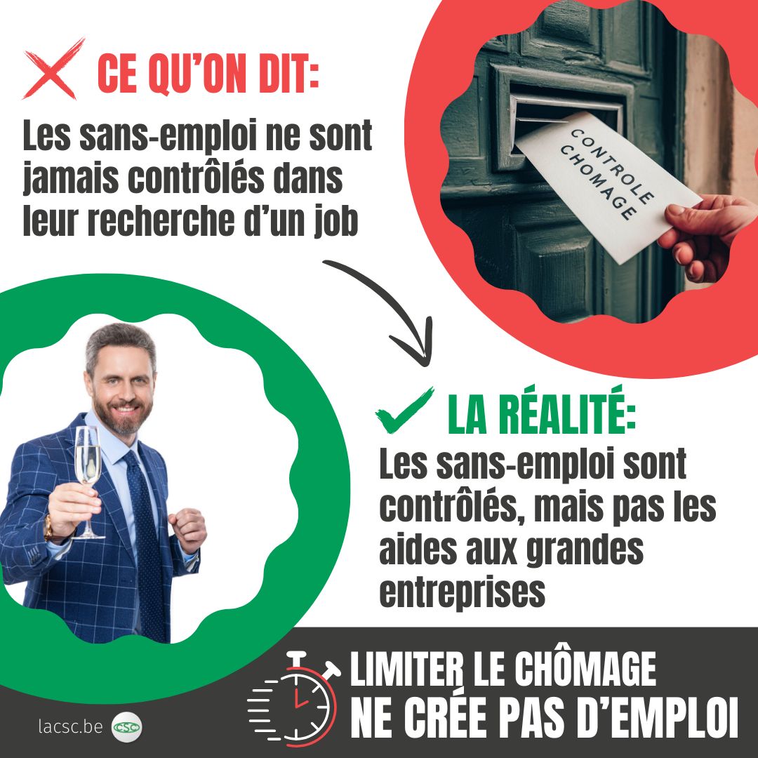 Les sans-emploi passent par un contrôle rigoureux!
Pour continuer à recevoir leurs allocations, les chômeurs doivent prouver que leur situation est involontaire. Ils ne peuvent pas refuser un emploi convenable ni une formation. 
Plus d'infos sur lacsc.be/fakenews-choma…