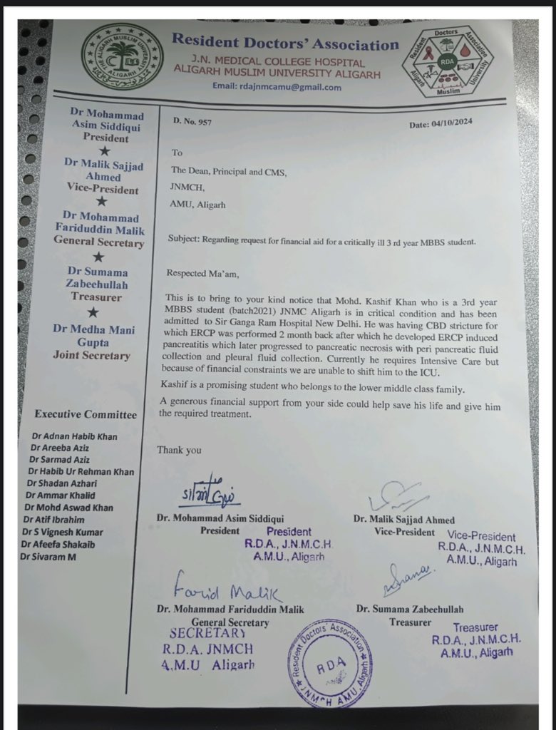 EbaratG's tweet photo. Hello All 
We are collecting fund for our batchmate Mohd. Kashif Khan who is a 3rd year MBBS student (batch2021) JNMC Aligarh is in critical condition and has been admitted to Sir Ganga Ram Hospital New Delhi. He was having CBD stricture for which ERCP was performed 2 month back https://t.co/BQ1arHznkO