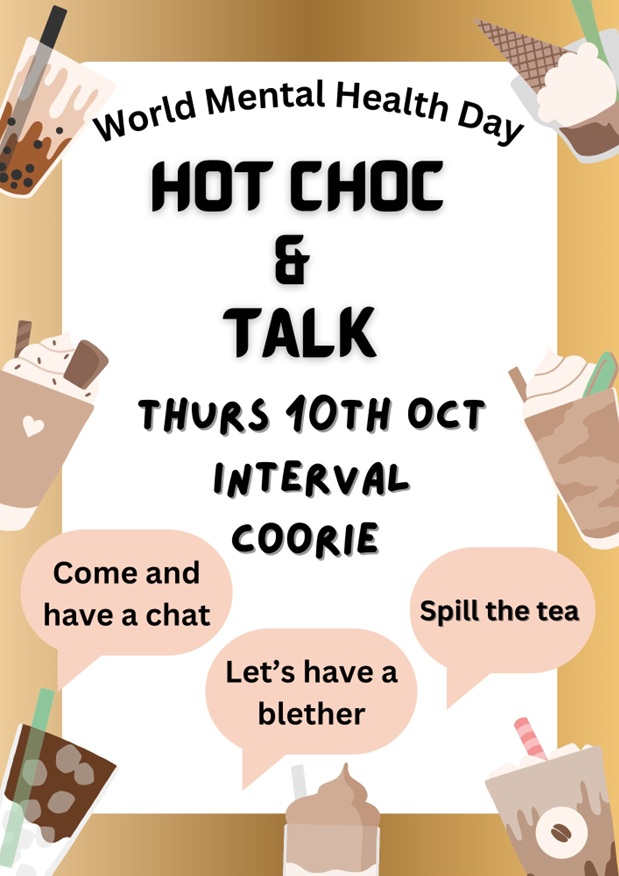 Trinityrenfrew's tweet photo. Next Thursday (10th) is World Mental Health Day. As well as signposting supports available to support positive mental health the Heart Lives Team will also host a "hot Choc and Talk" in the Coorie. https://t.co/F7ZRVygHSo