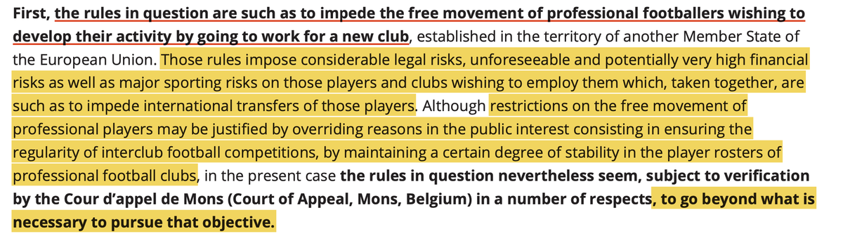 Ant1Duval's tweet photo. Let's do a bit of #Diarra press release analysis.

First, it's clear that the Court considers the present #RSTP to be contrary to #EUlaw (both free movement of workers and competition law) &amp; unjustifiable in its present form.

Bye, bye...

#Sportslaw #EULaw #FIFA #TransferSystem https://t.co/debqoWhdOh